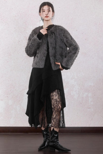 Elegant Gray-Brown Plush Jacket