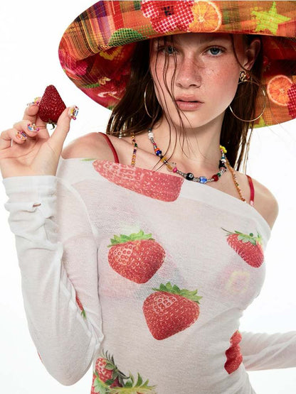 Off Shoulder Sheer Sexy Summer Print Tee