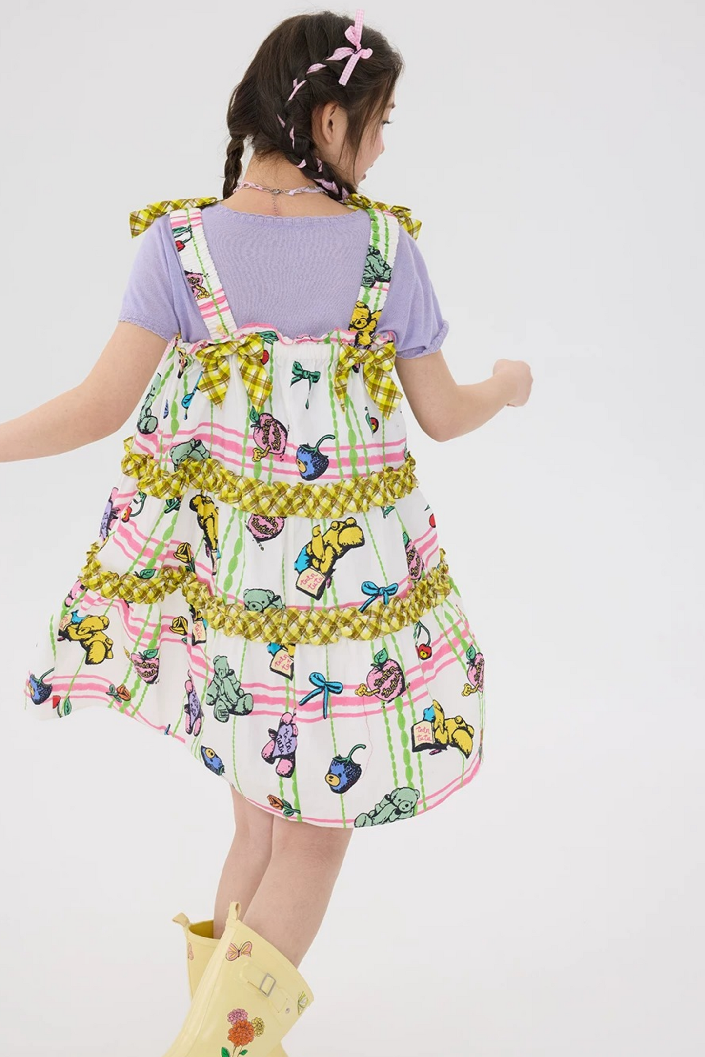 Robe salopette à carreaux avec ours