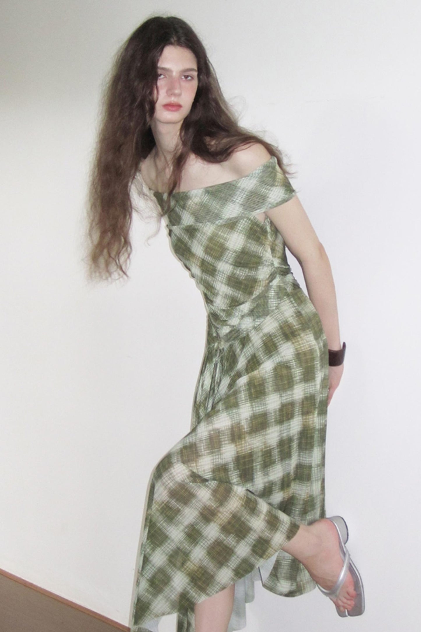 Mesh Check One-Shoulder Dress