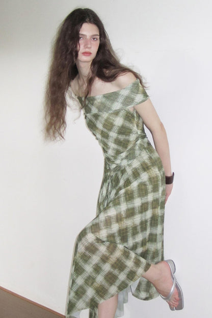 Mesh Check One-Shoulder Dress