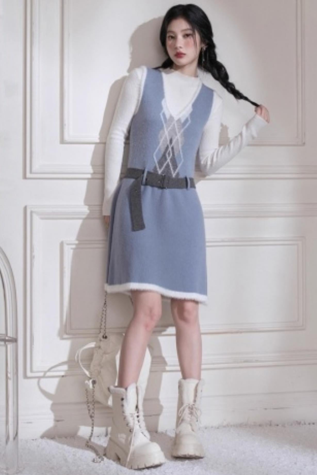 Mist Blue Diamond Plaid Vest Dress