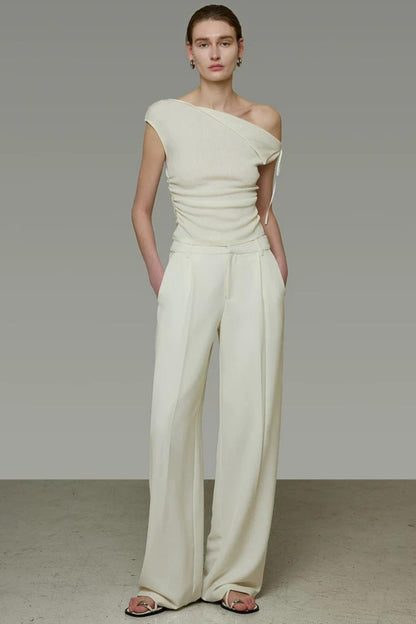 Off-White Pleated Wide-Leg Pants