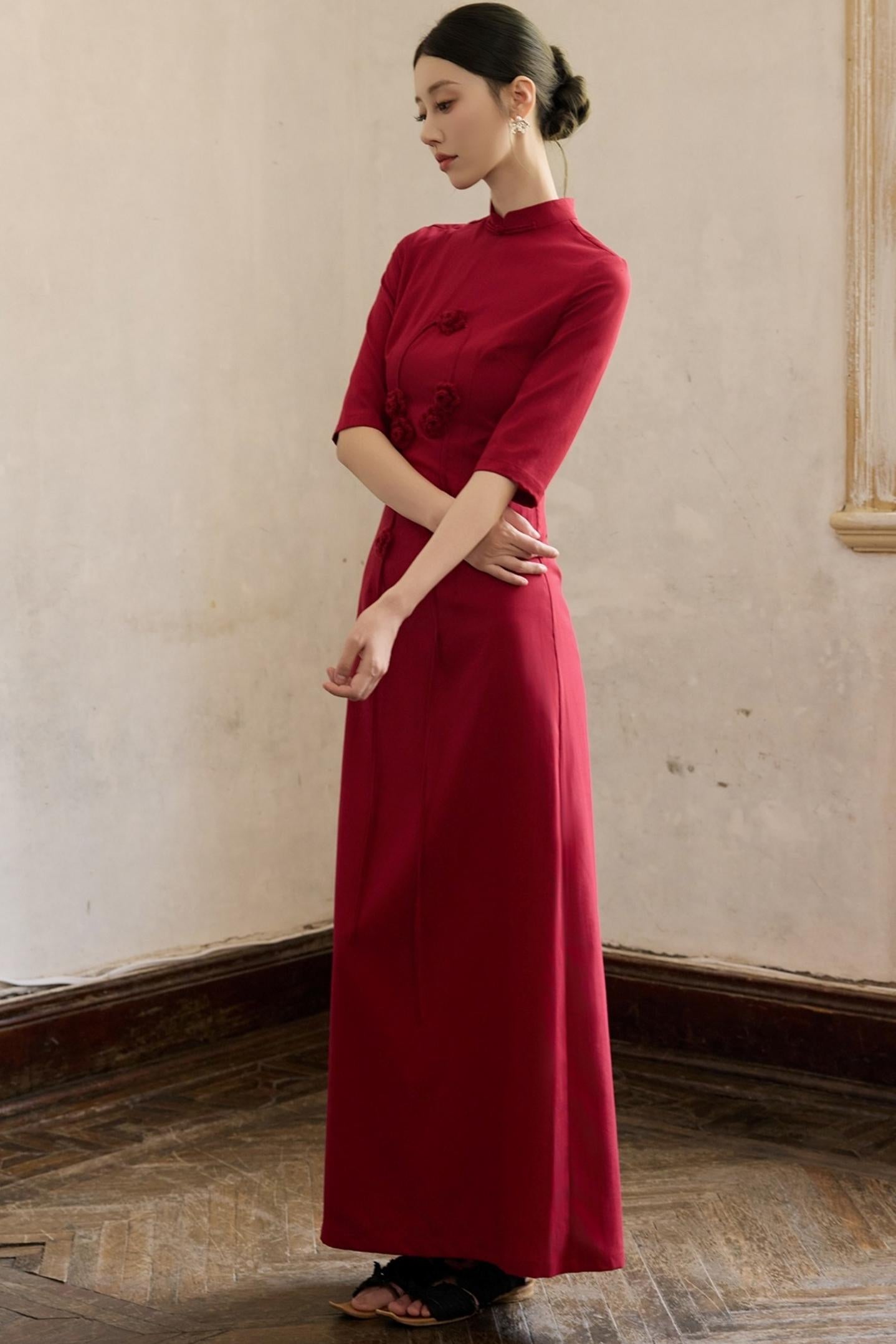 Red Flower Cheongsam Dress