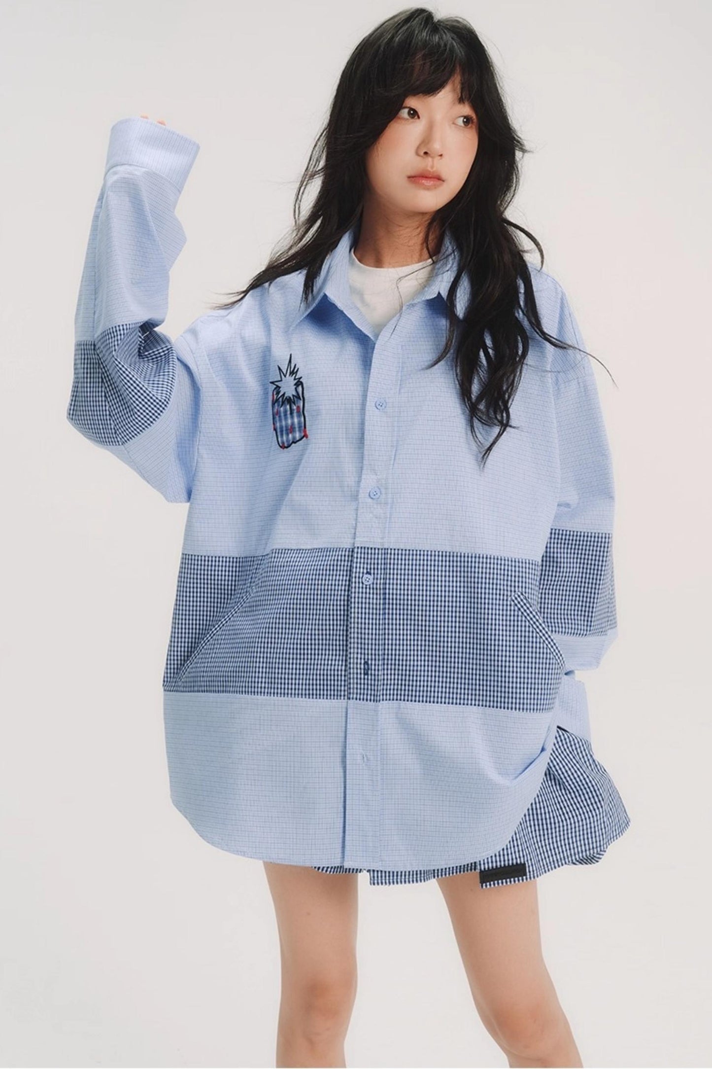 Blue Check Stitch Applique Shirt