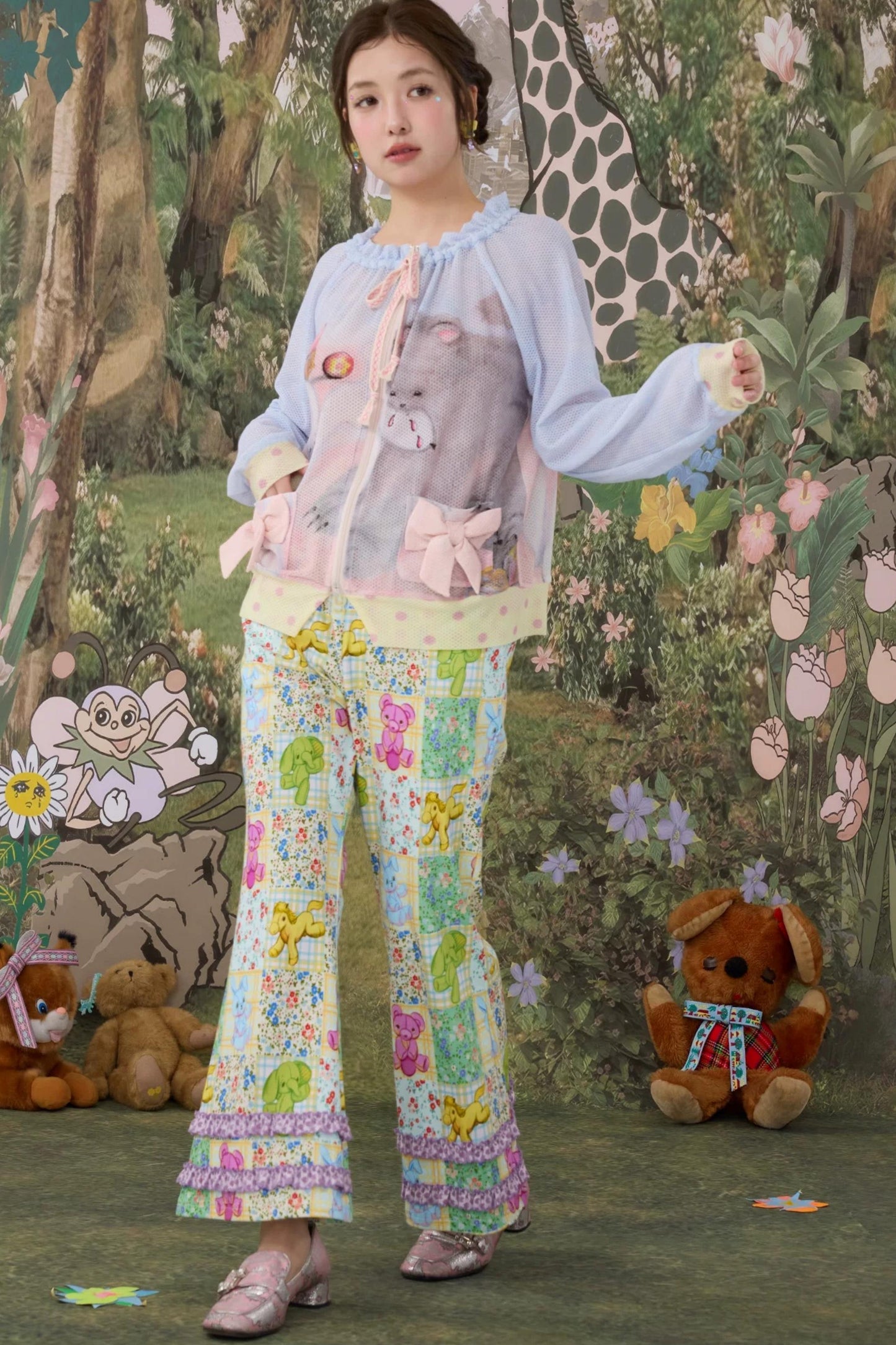Elastic Floral Cotton Flared Pants
