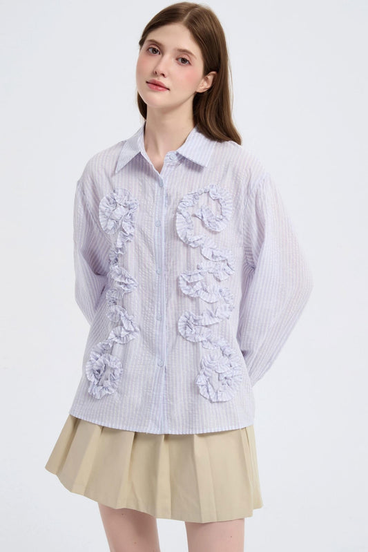 Autumn Floral Striped Ruffle Shirt