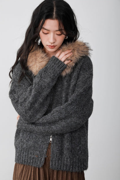Fog Gray Fur Collar Hooded Jacket