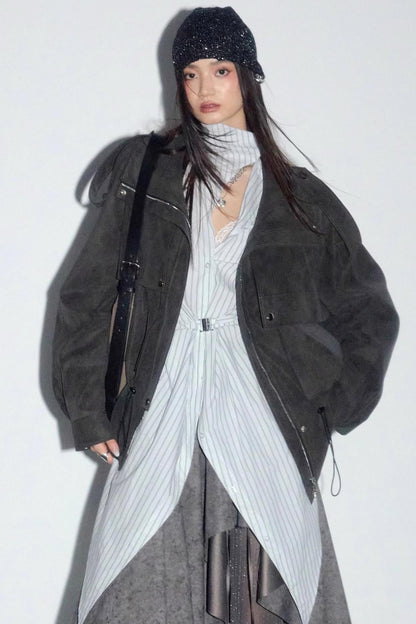 Distressed Matte PU Leather Cargo Jacket