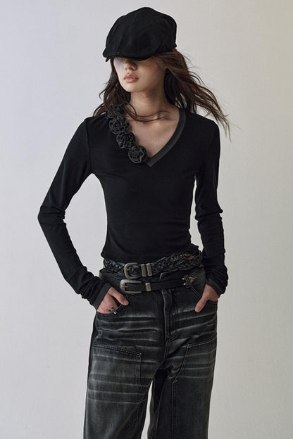 Elegant V Neck Flower T-Shirt