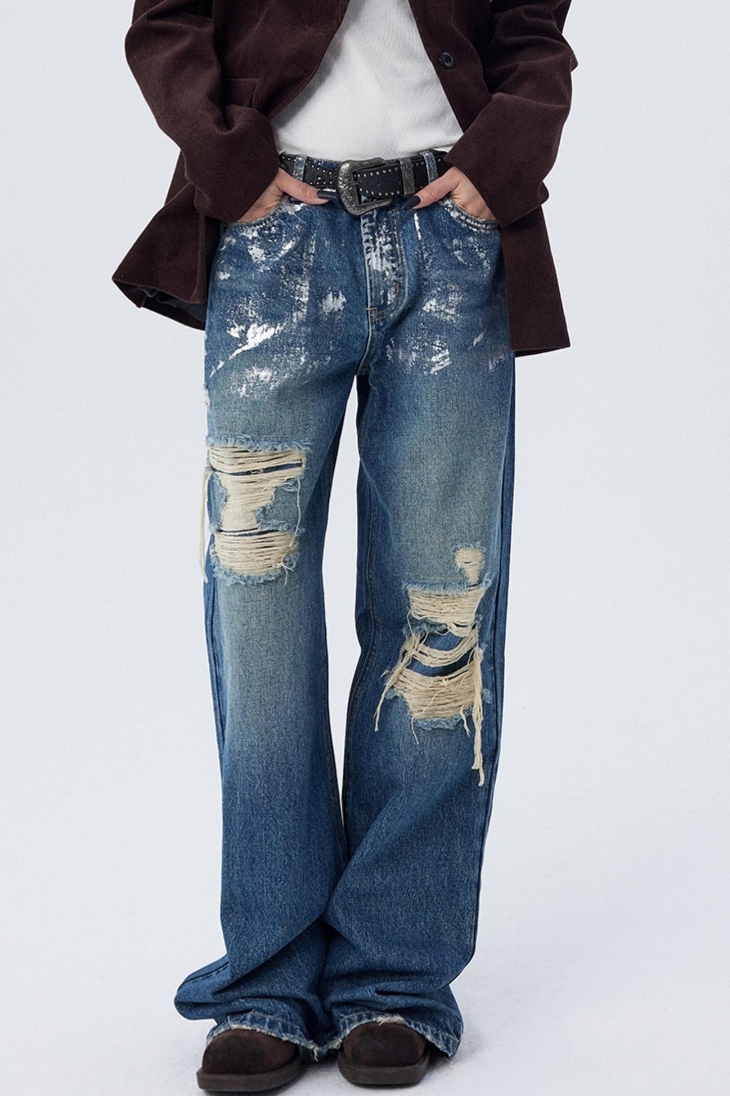 Silver Patch Ripped Wide Jeans Pants