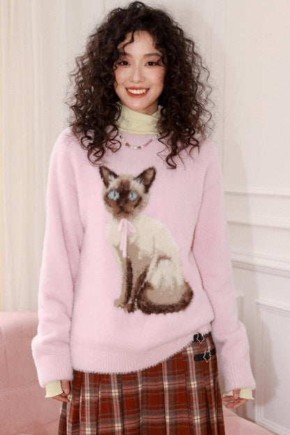 Pink Cat Imitation Mink Sweater