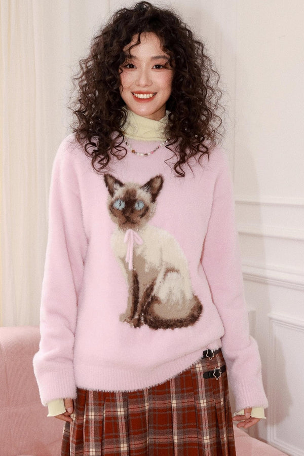 Pink Cat Imitation Mink Sweater