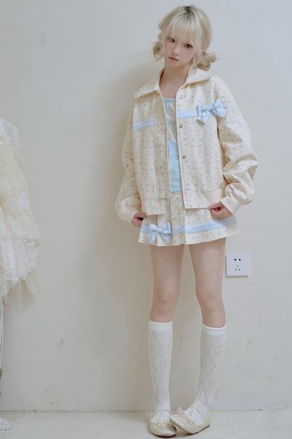 Beige Floral Blue Bow Jacket Set-Up