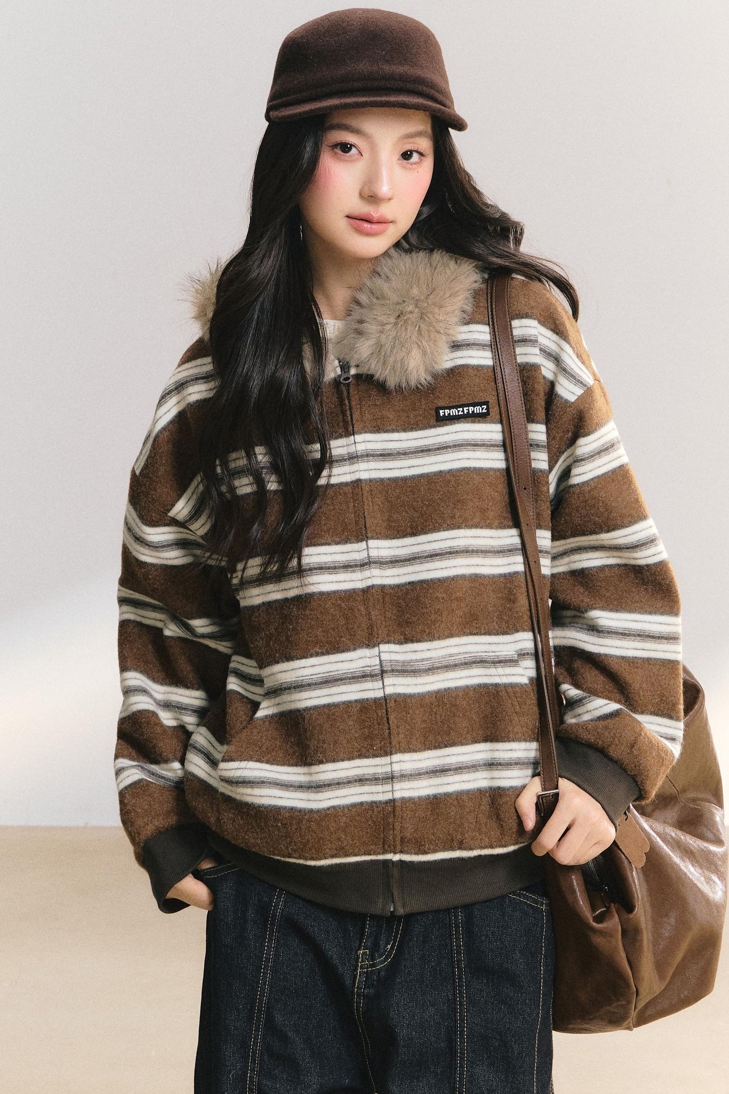 Detachable Fur Collar Striped Jacket