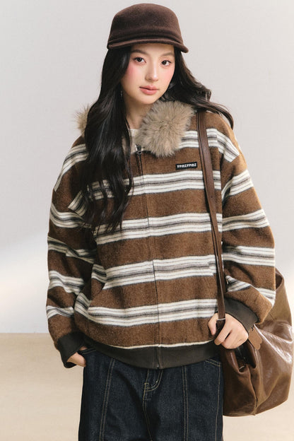 Detachable Fur Collar Striped Jacket