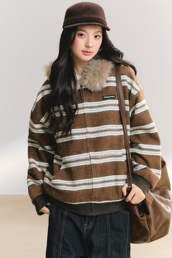 Detachable Fur Collar Striped Jacket