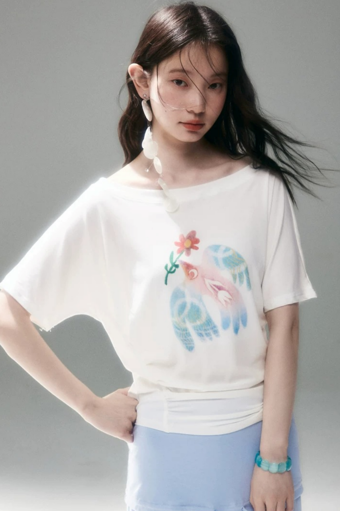 Mint Bird Print Off-Shoulder Ruched Top