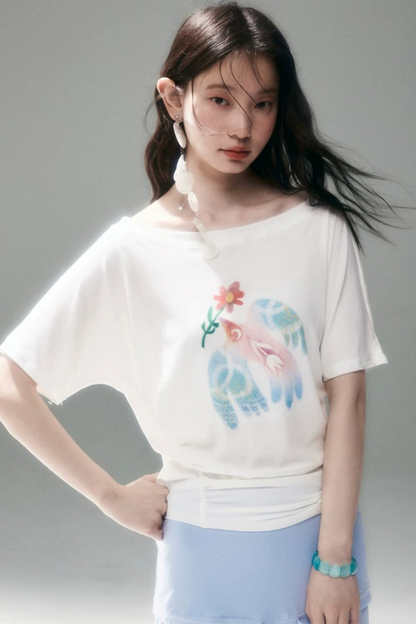 Mint Bird Print Off-Shoulder Ruched Top