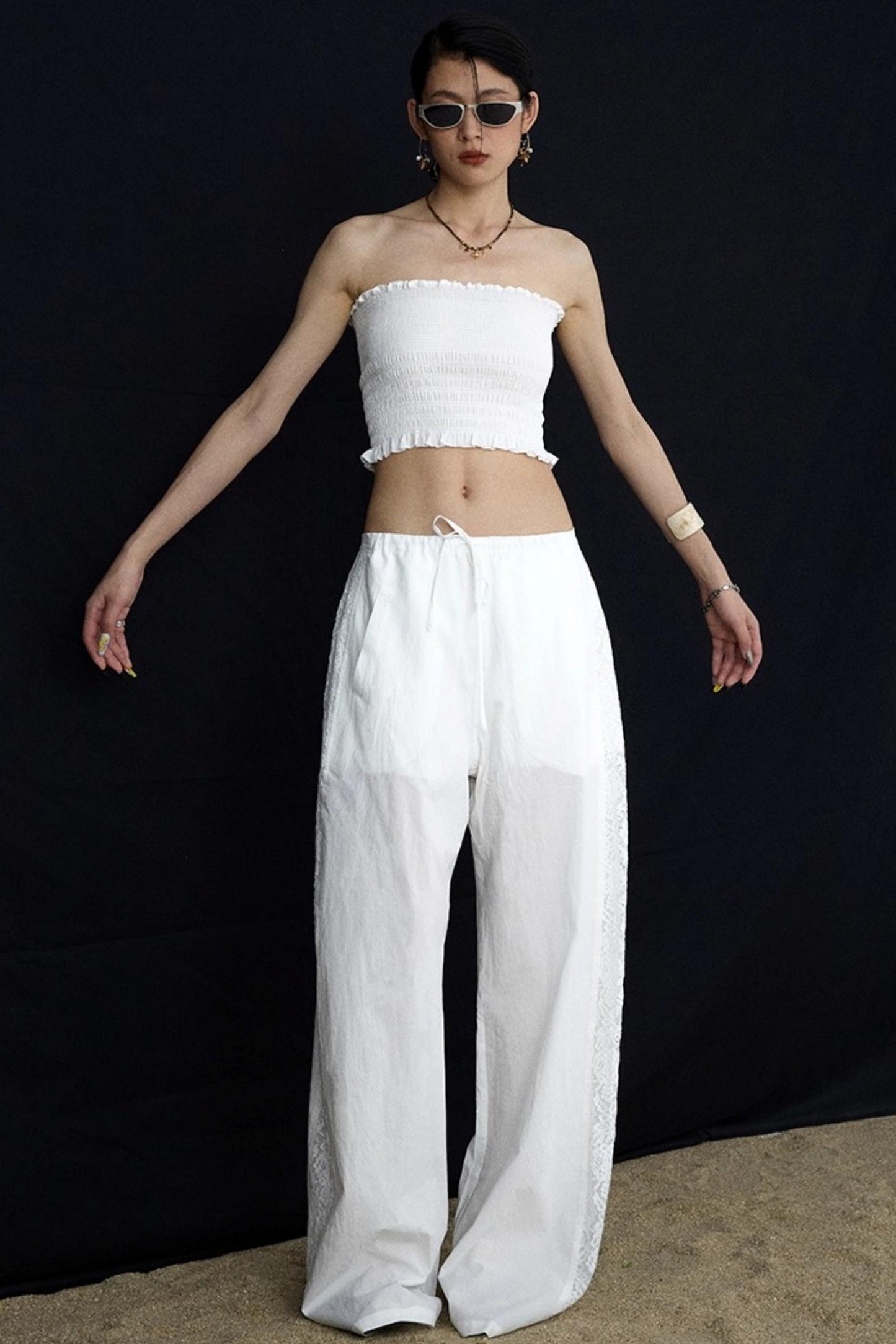 White Elasticated Waist Wide-Leg Trousers