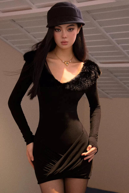 Furry V-Neck Slim Dress