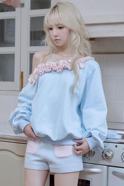Pink Satin Rose Stitched Blue Top