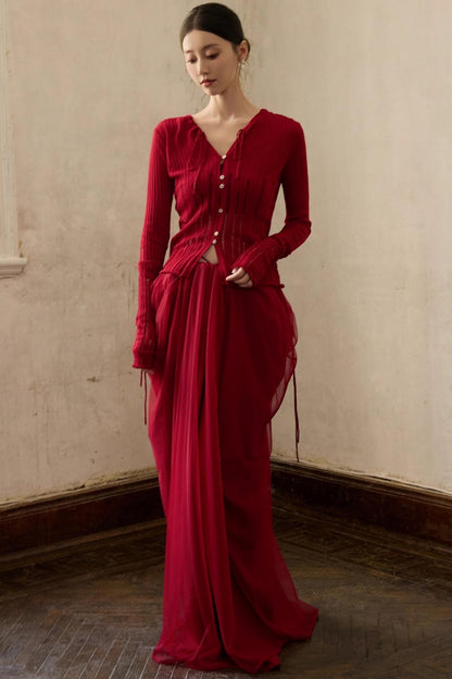 Autumn Red Knitted Cardigan