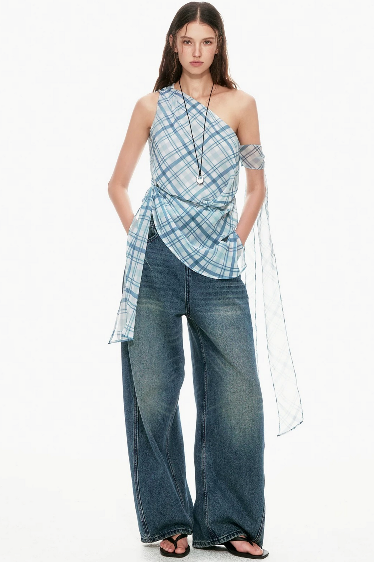 Blue Plaid One-Shoulder Vest