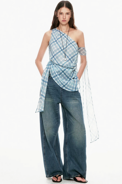 Blue Plaid One-Shoulder Vest