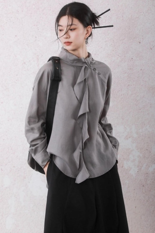 Silk Linen Ruffle Shirt