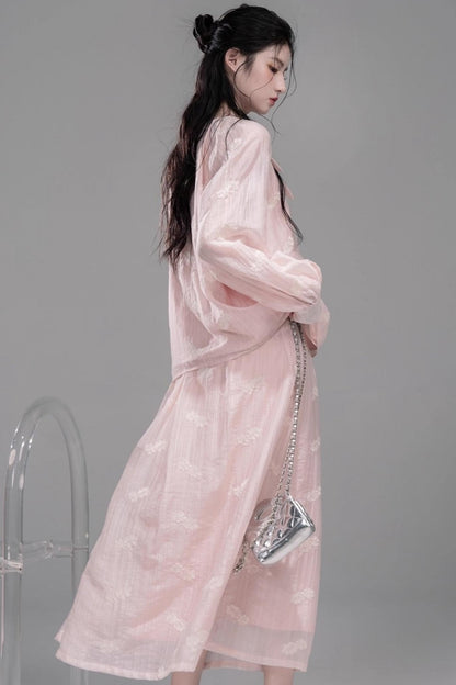 BellaModa 체리 핑크 네크라인 타이 셔츠 꽃 봉오리 스커트 셋업