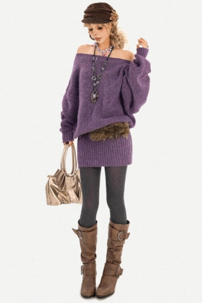 Purple Off-Shoulder Knit Dress