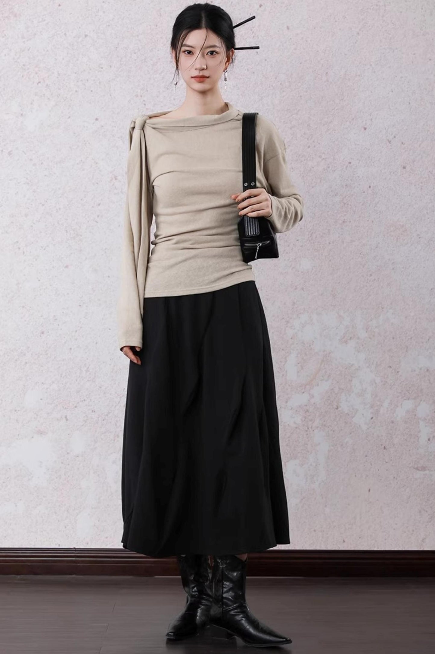 Milk Tea Long Sleeve One-Shoulder Top