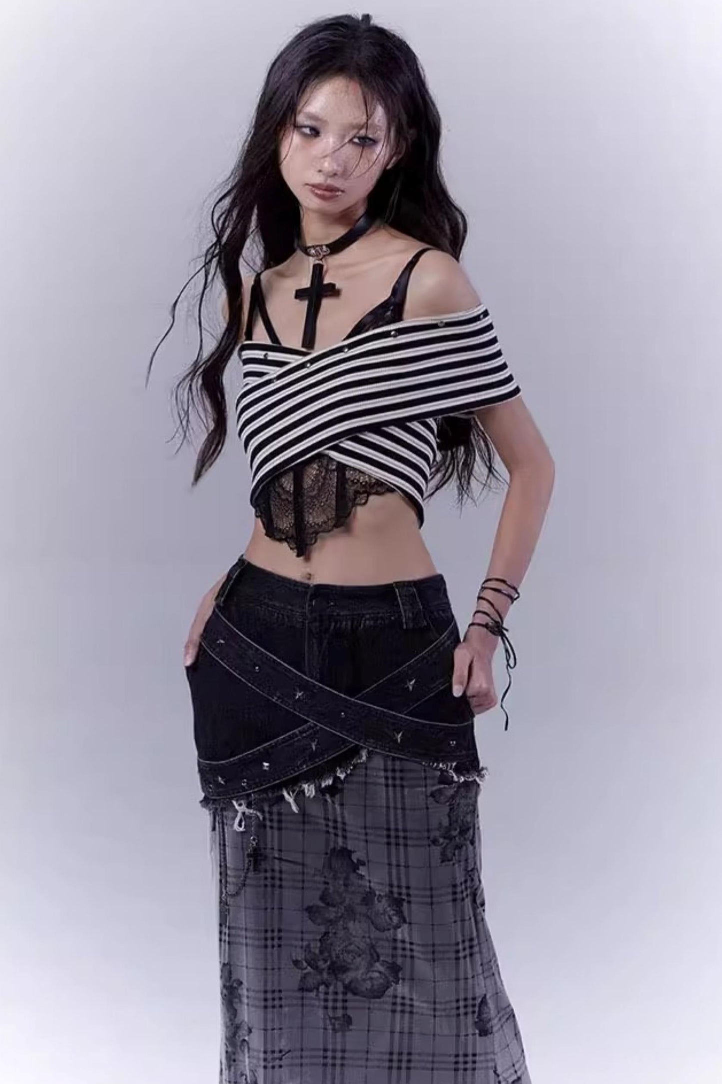 Rose Checkered Denim Skirt