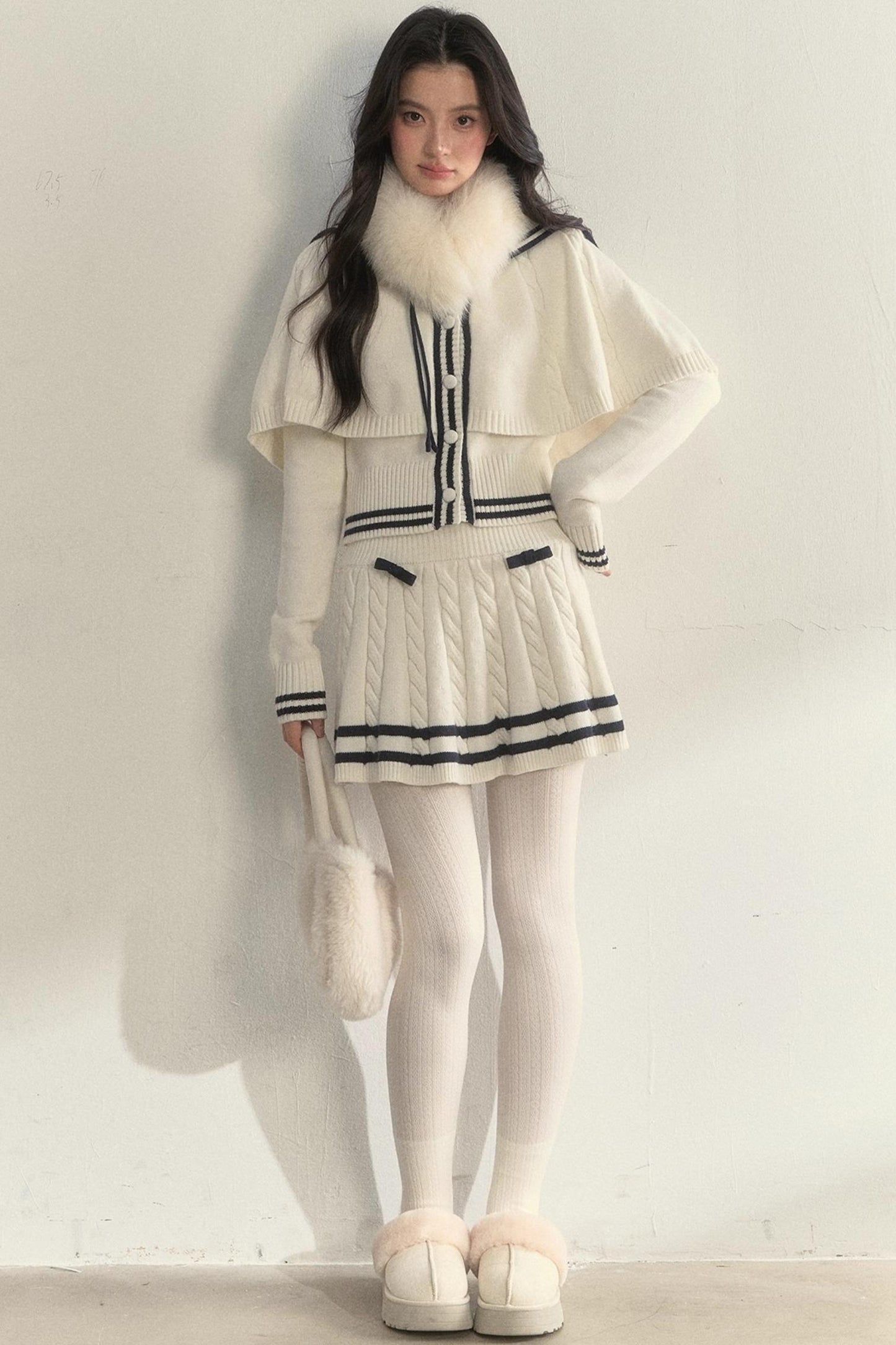 Vintage Navy Twist-Knit Cape Sweater Set-Up