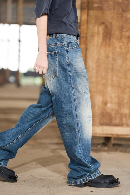 Ripped Straight-Leg Denim Pants