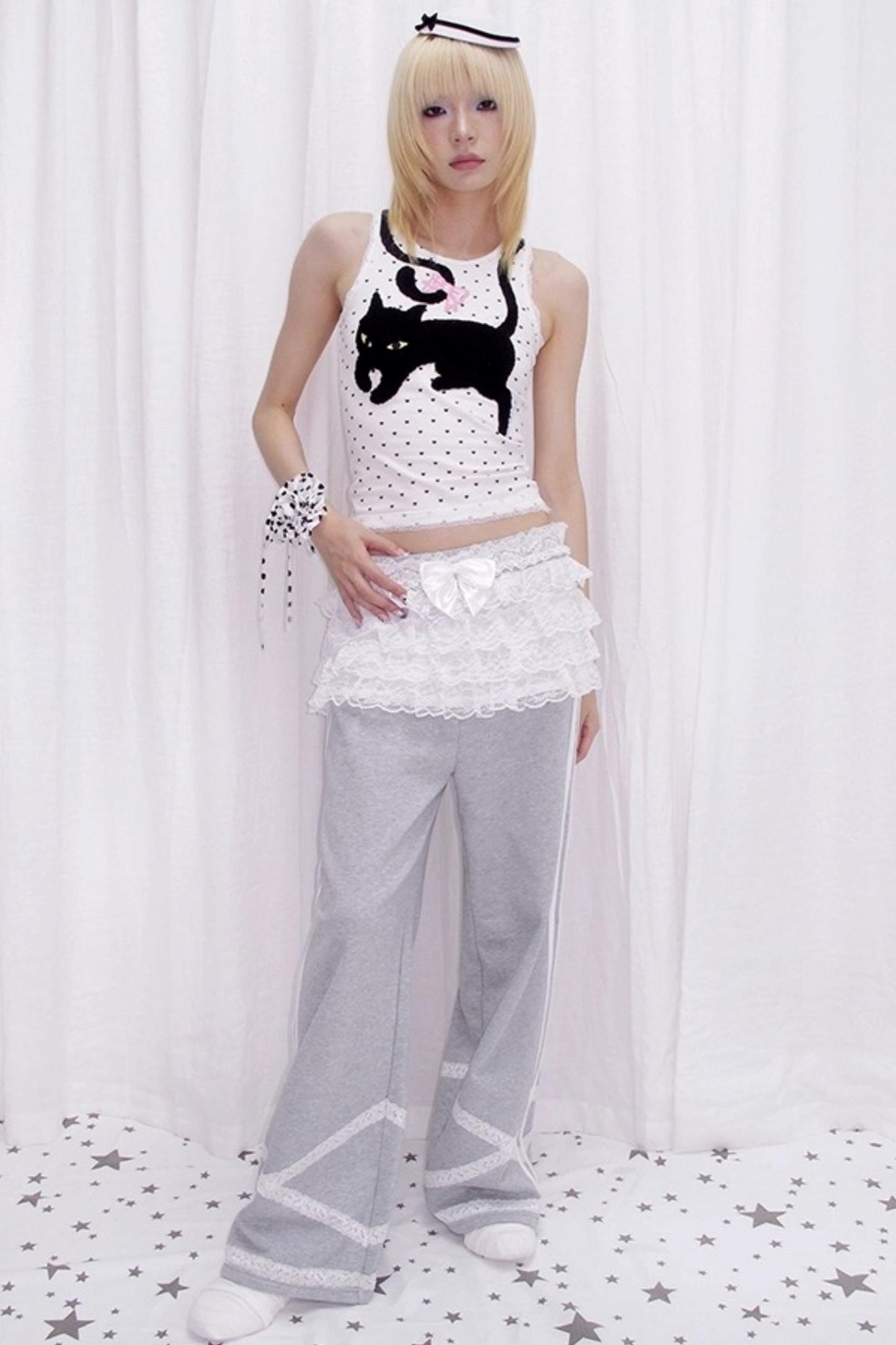 Cat Embroidered Polka Dot Top