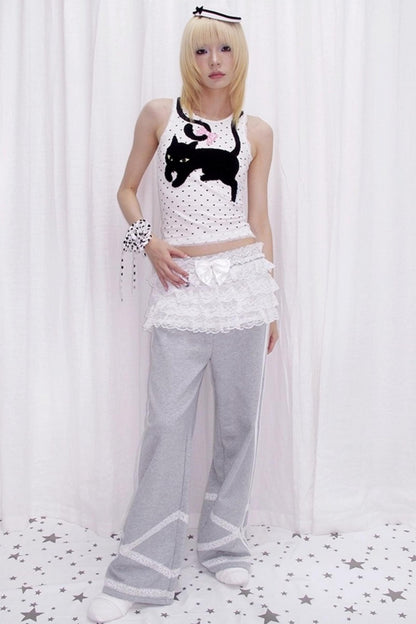 Cat Embroidered Polka Dot Top