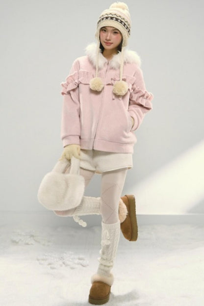 Lace Hooded Cotton Tweed Zip Jacket