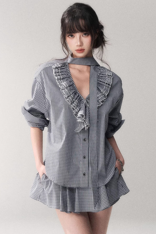 Blue Check Lace Blouse Set-Up