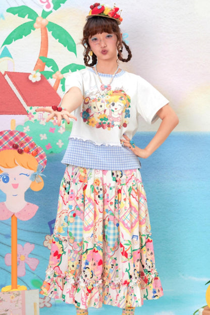 Retro Cartoon Print Lace Skirt