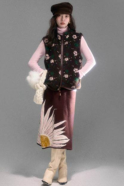 Floral Faux Lamb Wool Vest Jacket Set-Up