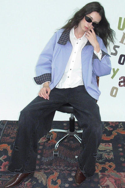 Vintage Plaid Stand-Up Collar Jacket