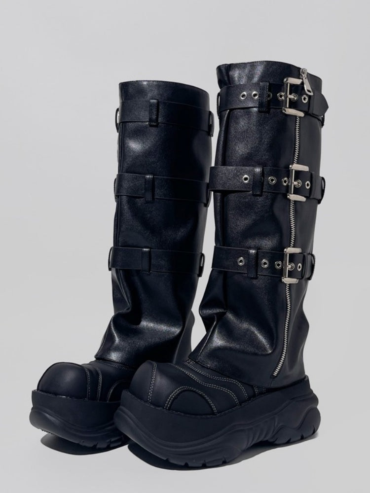 Punk Style Triple Belt Platform Long Boots