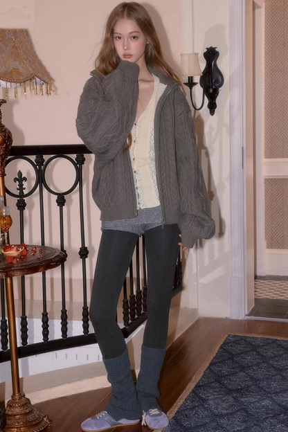 Cable Knit Fleece Sweater Jacket