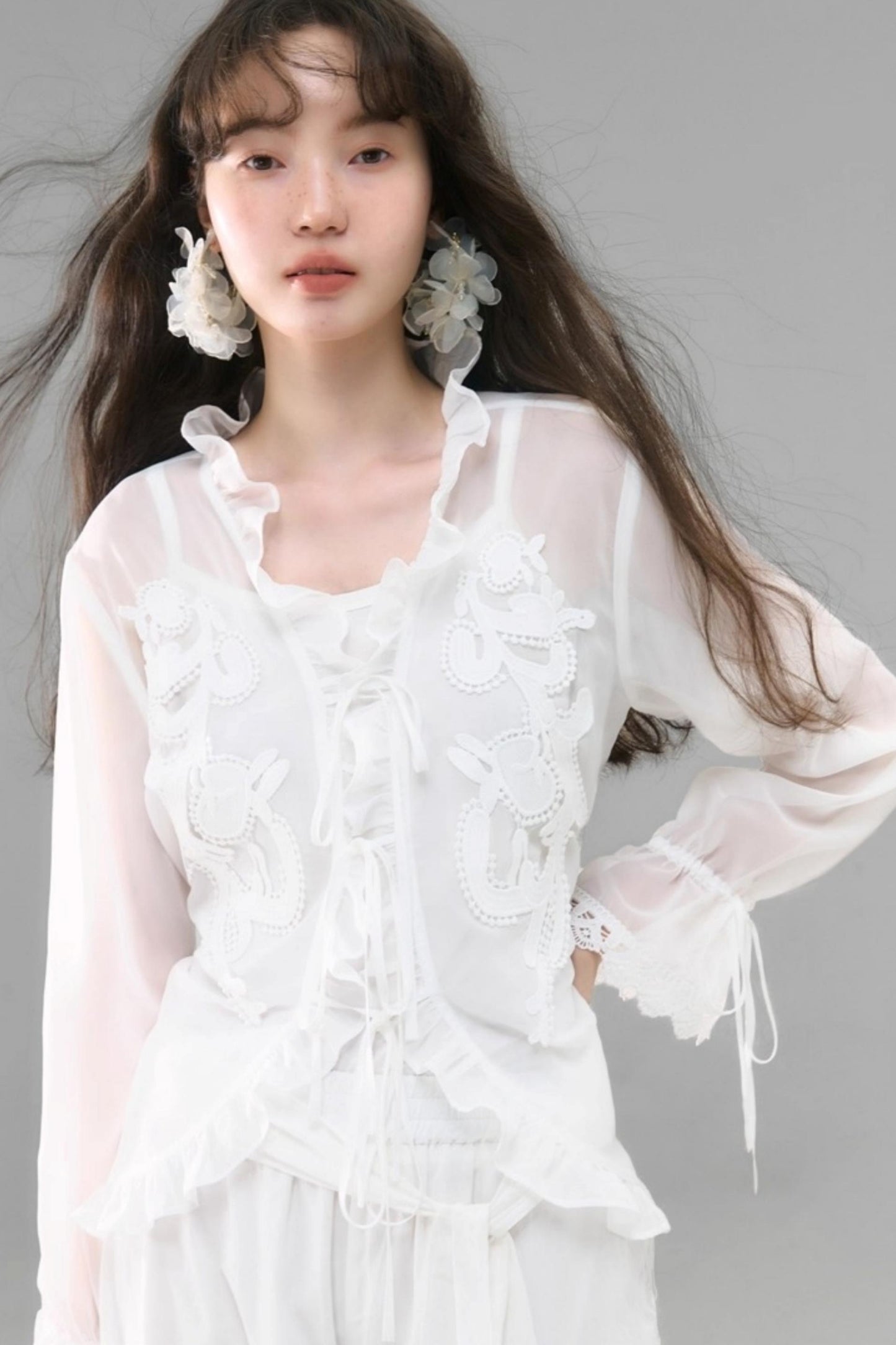 Autumn Lace-Up V-Neck Embroidered Shirt