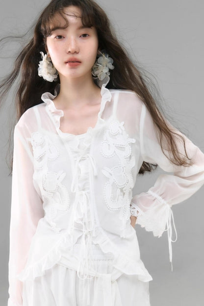 Autumn Lace-Up V-Neck Embroidered Shirt