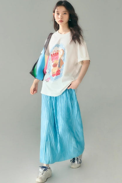 Original Design Glass Blue Elasticated Pleated Skirt
