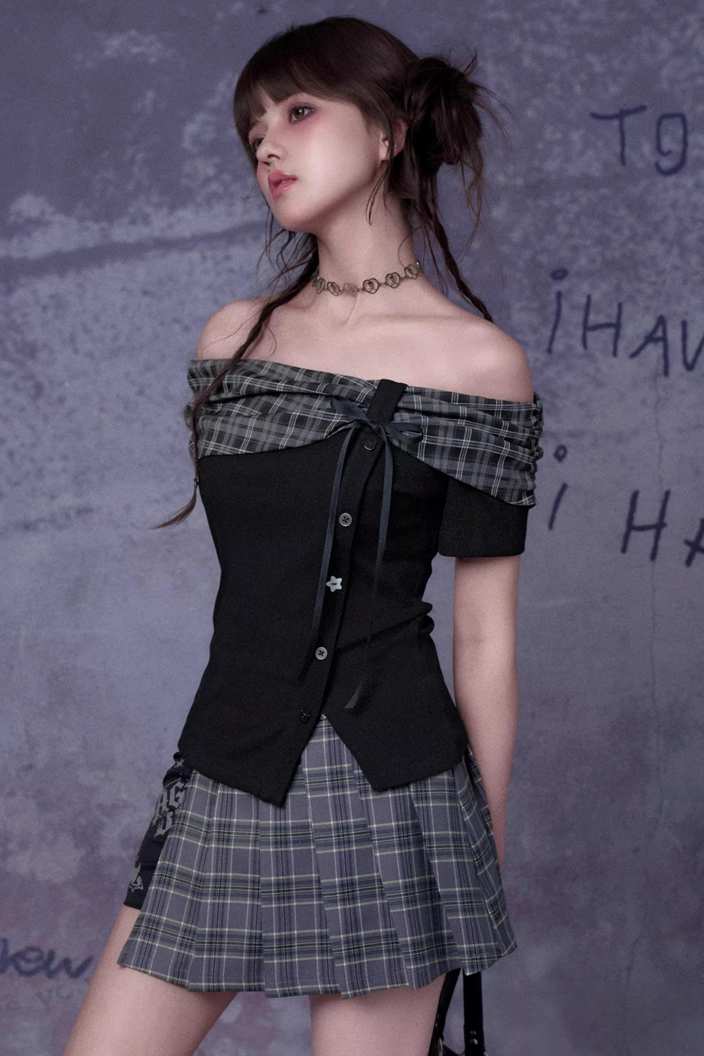 Plaid Graffiti Pleated Skirt Set-Up