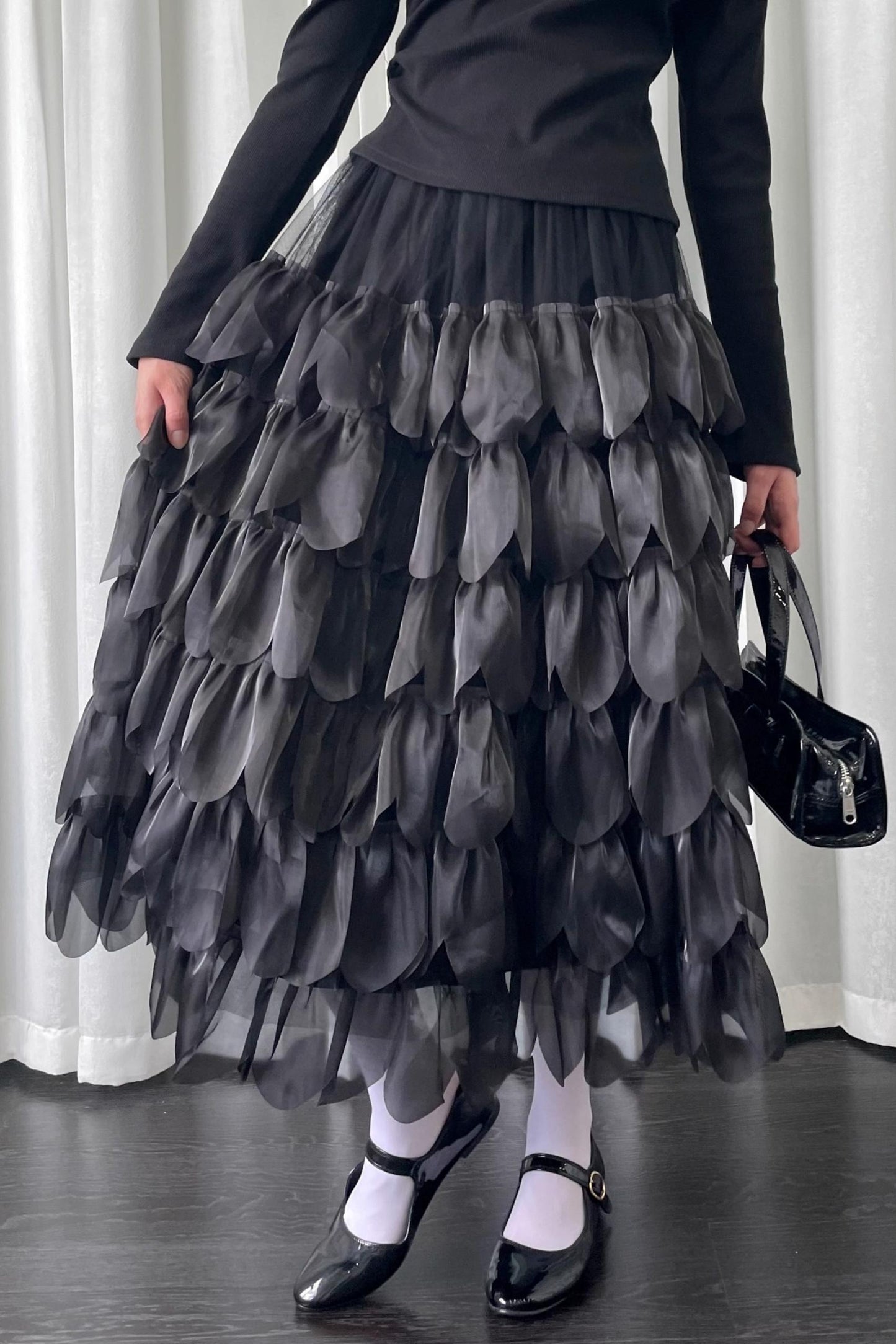 Petal Black Mesh Midi Skirt